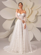 Lace Embroidery Off Shoulder Long Sleeve Elegant Tulle Wedding Dress With Train